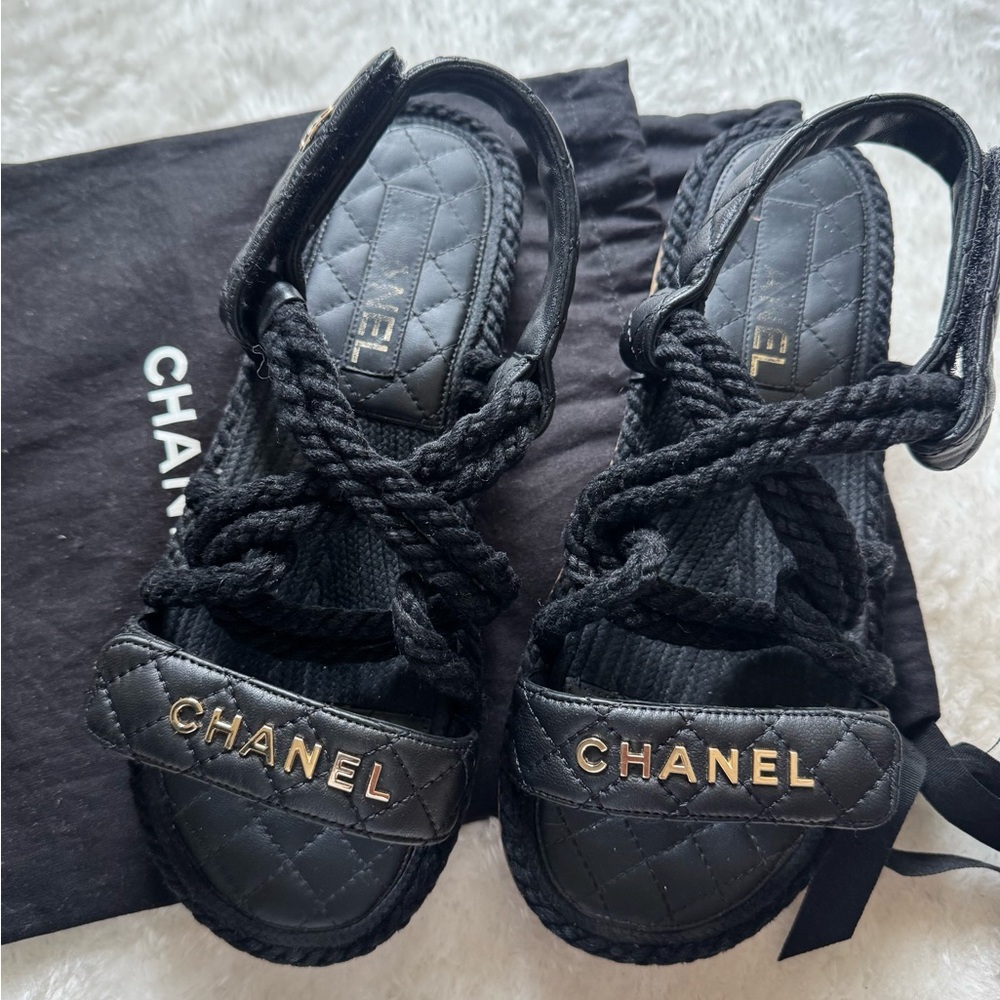 CHANEL Black Quilted Sandals with Gold Logo